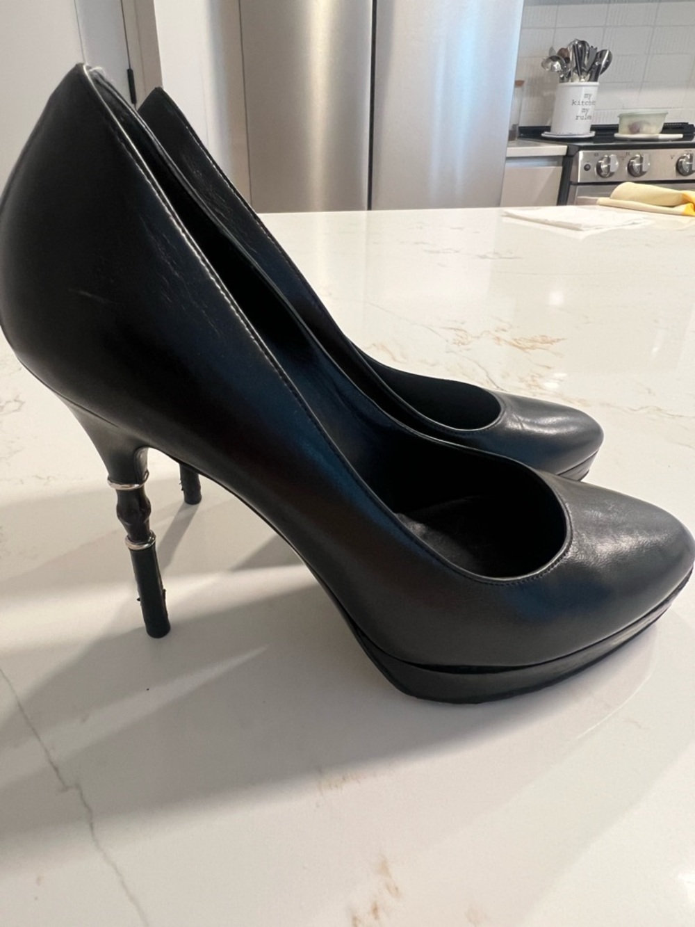 Gucci bamboo Black Leather Platform Stiletto Heels with Sculpted Heel Detail